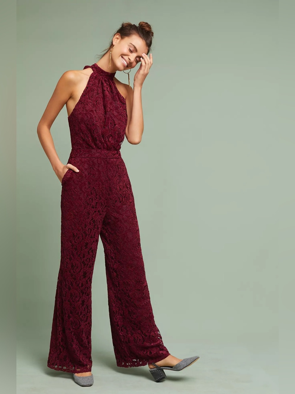Ett:Twa Anthropologie Aida Halter Lace Jumpsuit in Burgundy